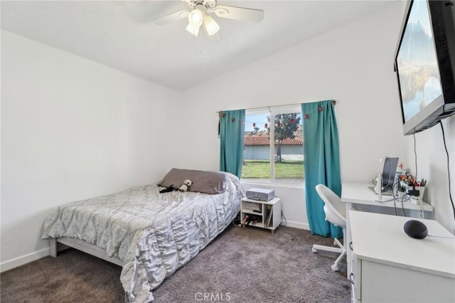 bedroom featuring lofted ceiling, ceiling fan, carpet floors, and baseboards