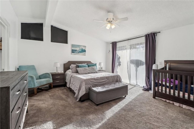 bedroom featuring vaulted ceiling with beams, ceiling fan, a textured ceiling, and carpet flooring