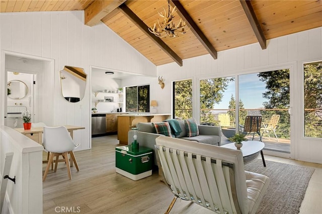 living area featuring wood ceiling, beam ceiling, light wood-type flooring, high vaulted ceiling, and a notable chandelier