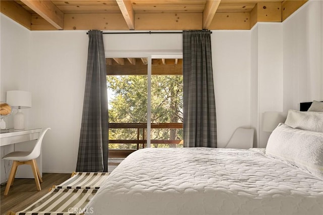 bedroom featuring access to outside, wooden ceiling, beamed ceiling, and wood finished floors