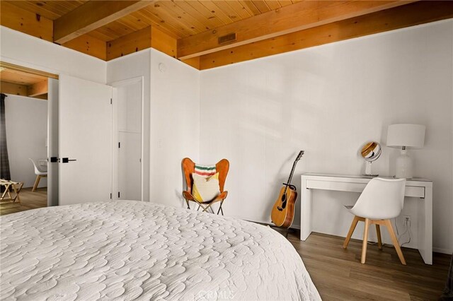 bedroom with beam ceiling, wooden ceiling, and wood finished floors