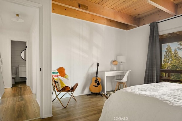 bedroom with wood ceiling, beam ceiling, and wood finished floors