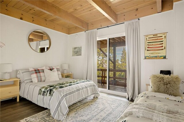 bedroom featuring access to exterior, wood ceiling, beam ceiling, and wood finished floors