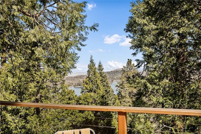 wooden terrace with a water view and a wooded view