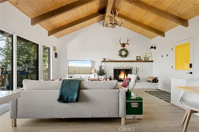 living room with beam ceiling, a fireplace, wood finished floors, high vaulted ceiling, and wooden ceiling