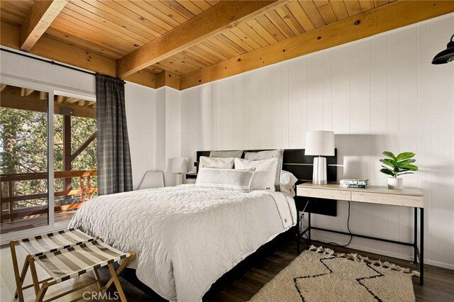 bedroom featuring dark wood-type flooring, beamed ceiling, and wooden ceiling