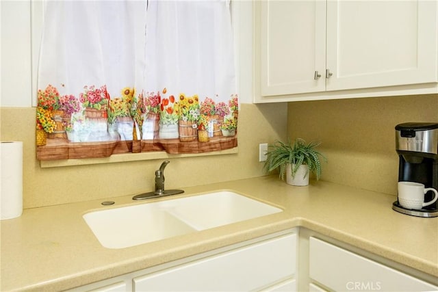 details with light countertops, a sink, and white cabinetry