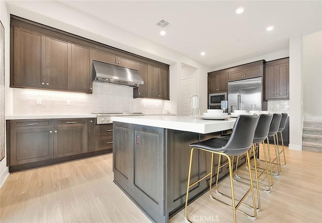 114 Source, Irvine, CA 92618 - kitchen with under cabinet range hood, built in appliances, light wood-style flooring, tasteful backsplash, and dark brown cabinets