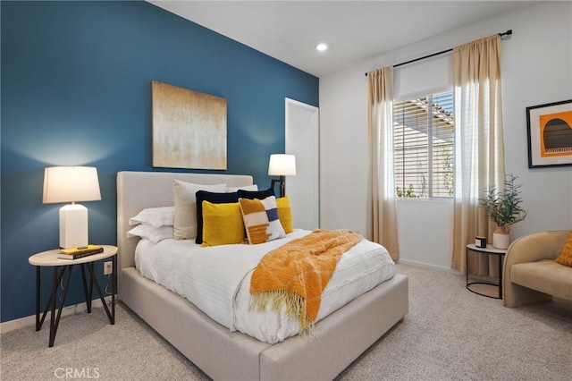 bedroom featuring carpet floors, baseboards, and recessed lighting