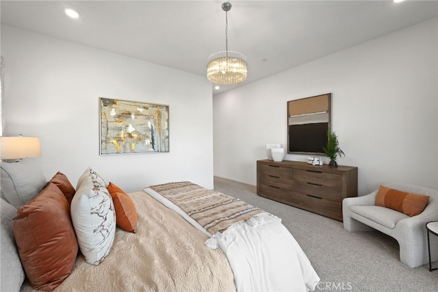 bedroom with carpet floors, recessed lighting, and a chandelier