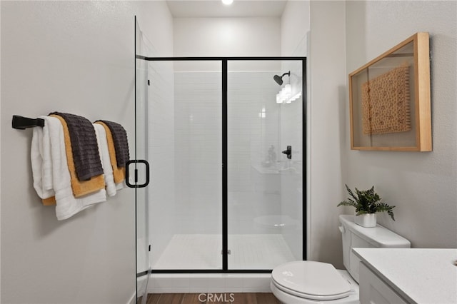 bathroom featuring toilet, a stall shower, and vanity