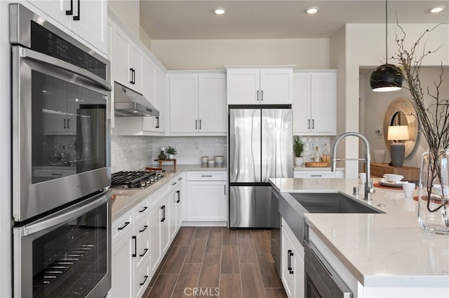 kitchen with under cabinet range hood, stainless steel appliances, white cabinetry, decorative backsplash, and wood tiled floor