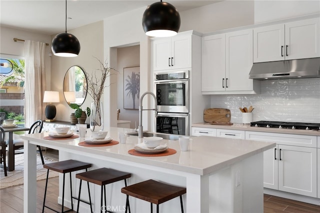 kitchen featuring under cabinet range hood, wood finish floors, white cabinetry, appliances with stainless steel finishes, and tasteful backsplash