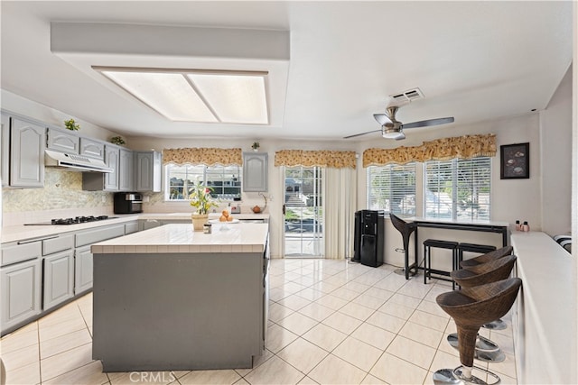 41149 Summitview Ln, Palmdale, CA 93551 - kitchen featuring under cabinet range hood, light countertops, healthy amount of natural light, and gray cabinets