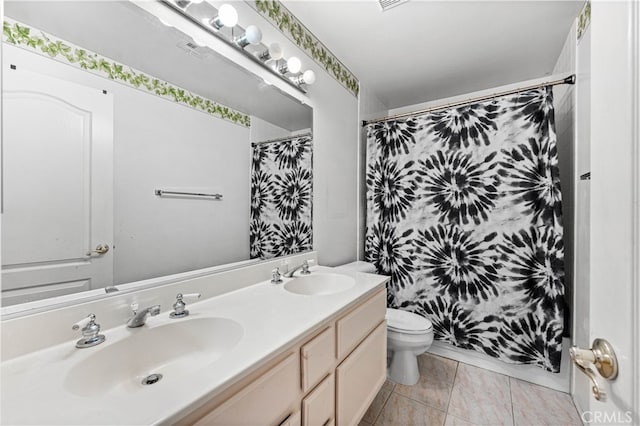 41149 Summitview Ln, Palmdale, CA 93551 - bathroom featuring double vanity, a shower with curtain, and tile patterned floors