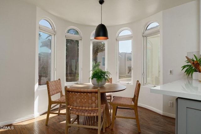 dining area with baseboards and dark wood-type flooring