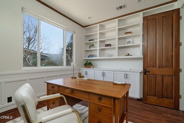 office space featuring a wainscoted wall, dark wood-type flooring, and visible vents