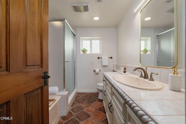bathroom with visible vents, backsplash, toilet, a stall shower, and vanity