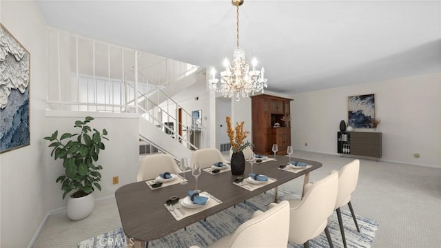 carpeted dining space featuring a notable chandelier, stairway, and baseboards