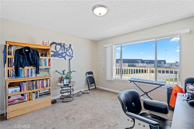 workout area featuring a textured ceiling, carpet flooring, and baseboards