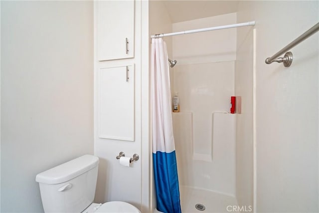 bathroom featuring a stall shower and toilet