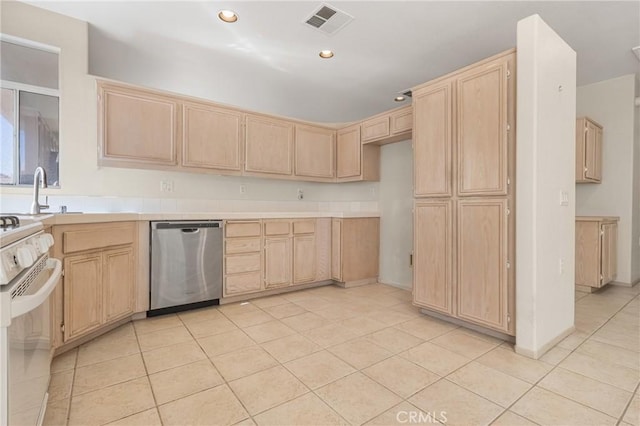 kitchen with white range, light brown cabinets, visible vents, and stainless steel dishwasher