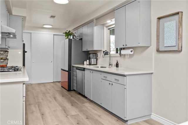 kitchen featuring extractor fan, light countertops, light wood-style flooring, stainless steel appliances, and a sink