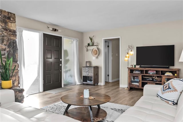 living area featuring wood finished floors and baseboards