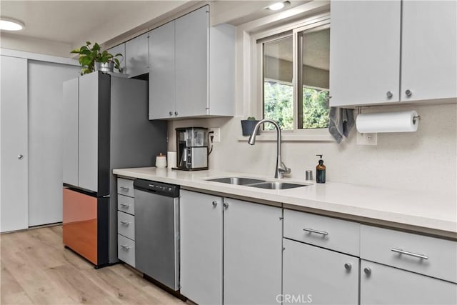 kitchen featuring a sink, white cabinetry, stainless steel appliances, light wood finished floors, and light countertops