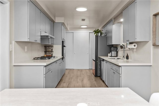 kitchen with light wood-type flooring, gray cabinets, under cabinet range hood, a sink, and stainless steel appliances