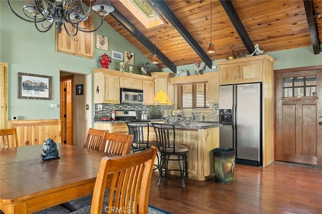 dining room featuring dark wood-style floors, a skylight, visible vents, and beamed ceiling