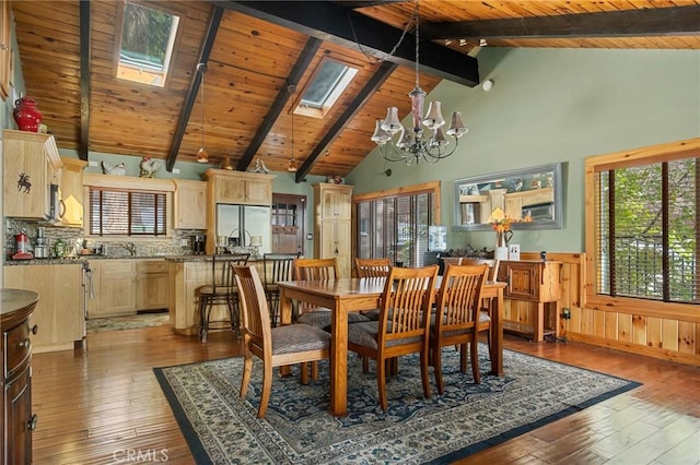 dining area featuring wainscoting, a skylight, and wood-type flooring