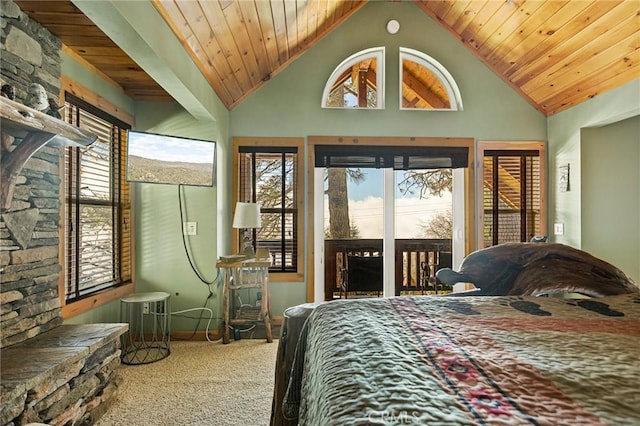 bedroom featuring carpet floors, wooden ceiling, access to outside, and high vaulted ceiling