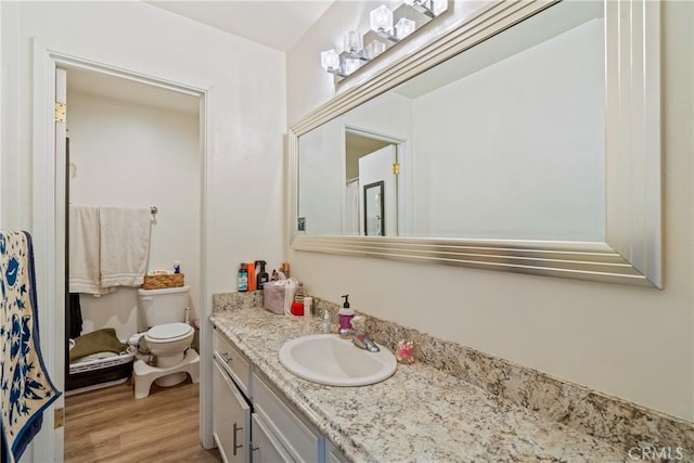 bathroom with toilet, wood finished floors, and vanity