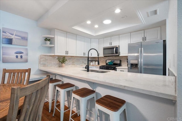 kitchen with stainless steel appliances, a raised ceiling, a sink, and a peninsula