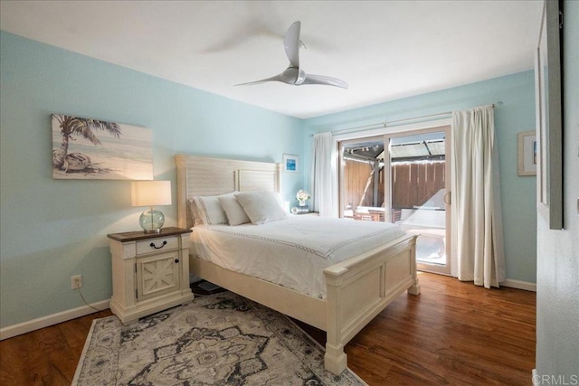 bedroom featuring a ceiling fan, access to outside, baseboards, and wood finished floors