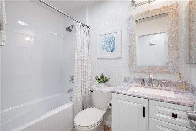 bathroom with shower / bathtub combination with curtain, toilet, and vanity