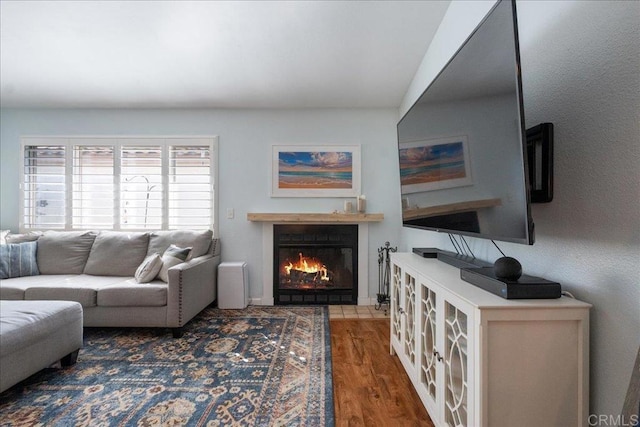 living area featuring a warm lit fireplace and wood finished floors