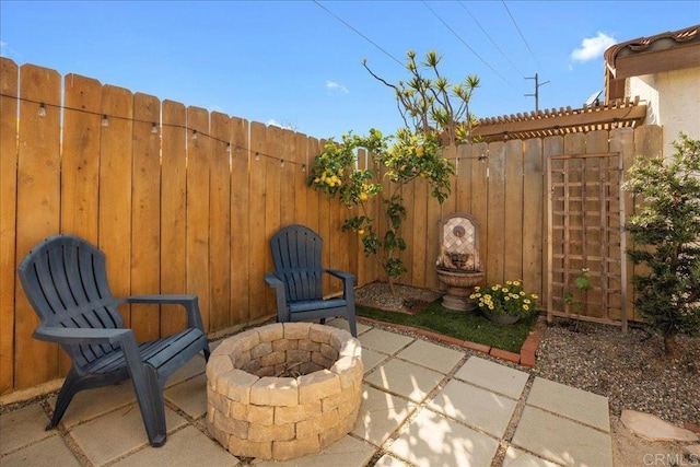 view of patio / terrace featuring a fire pit and fence