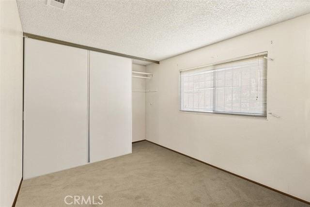 interior space featuring a textured ceiling, carpet floors, and a closet