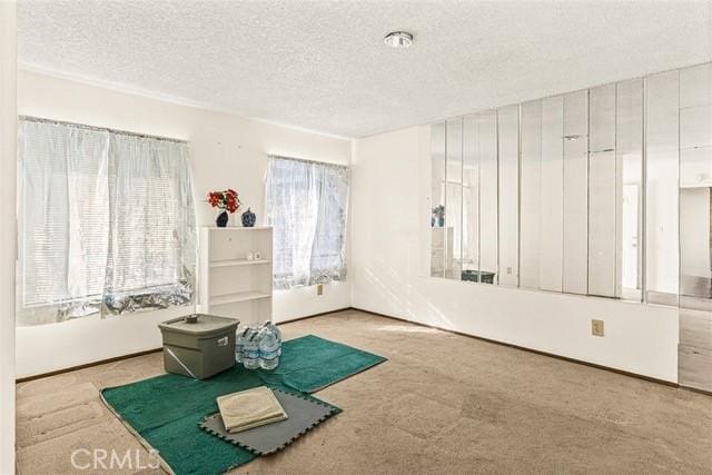 workout room with carpet floors and a textured ceiling