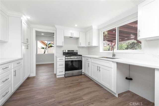 kitchen with stainless steel range with gas stovetop, dark wood-style flooring, a wealth of natural light, and a sink