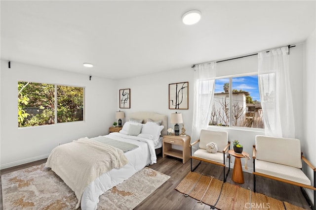 bedroom featuring multiple windows, baseboards, and wood finished floors