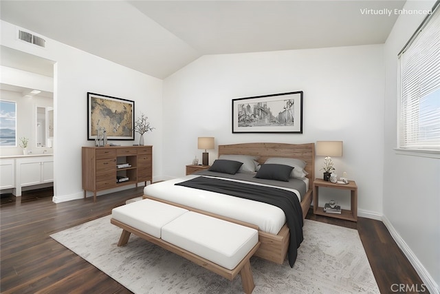 bedroom featuring lofted ceiling, baseboards, visible vents, and dark wood-type flooring