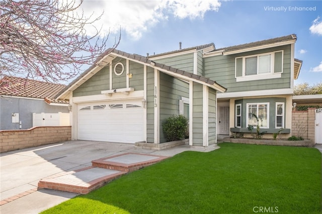 view of front of house with a garage, a front yard, concrete driveway, and fence