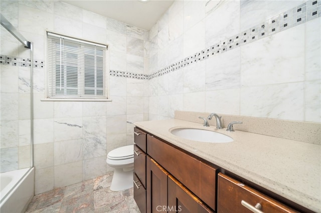 bathroom with vanity, tile walls, a bath, and walk in shower