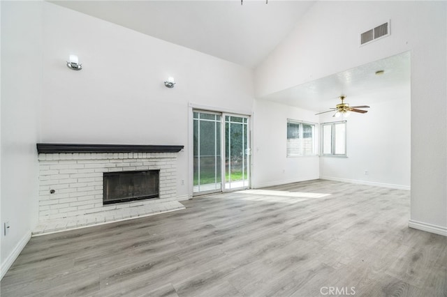 unfurnished living room featuring high vaulted ceiling, ceiling fan, visible vents, and wood finished floors