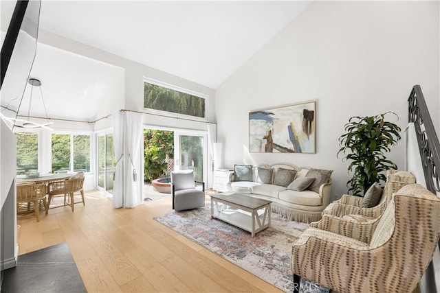 living room featuring high vaulted ceiling and dark wood finished floors