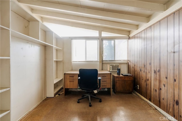 office area featuring cooling unit, wood walls, and lofted ceiling with beams