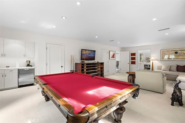 rec room featuring pool table, light colored carpet, visible vents, and recessed lighting